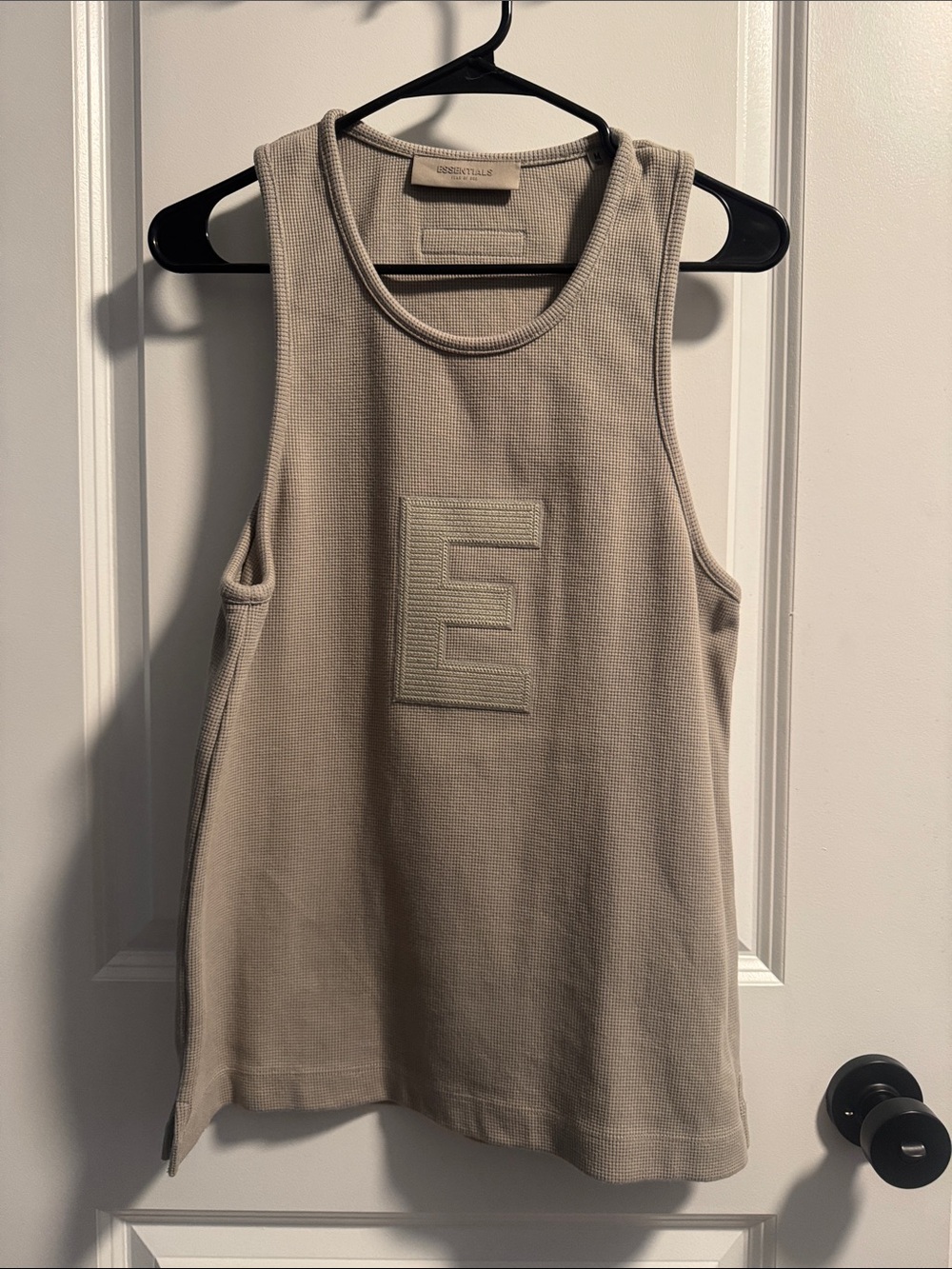 Essentials Beige Waffle Knit Tank with Center 'E' Patch